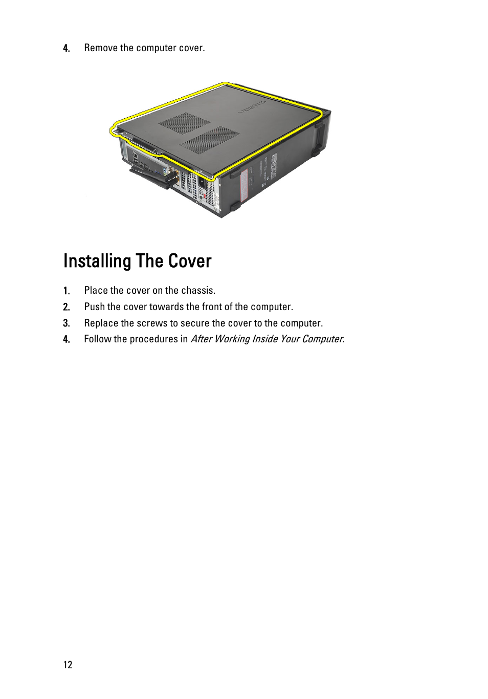 Installing the cover | Dell Vostro 260s (Mid 2011) User Manual | Page 12 / 71