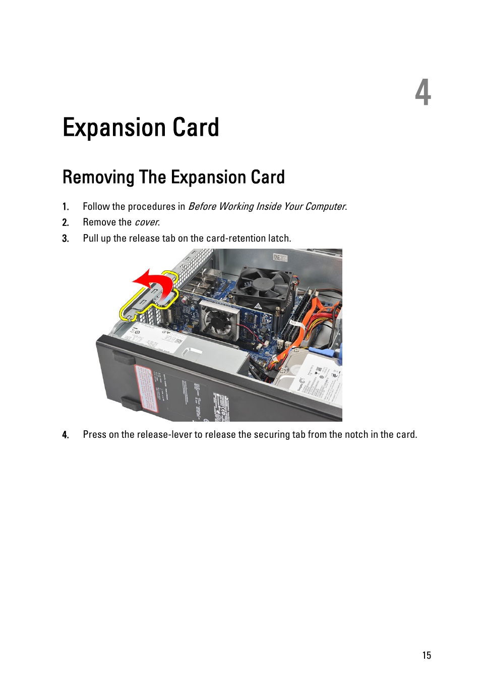 Expansion card, Removing the expansion card, 4 expansion card | Dell Vostro 260s (Mid 2011) User Manual | Page 15 / 71