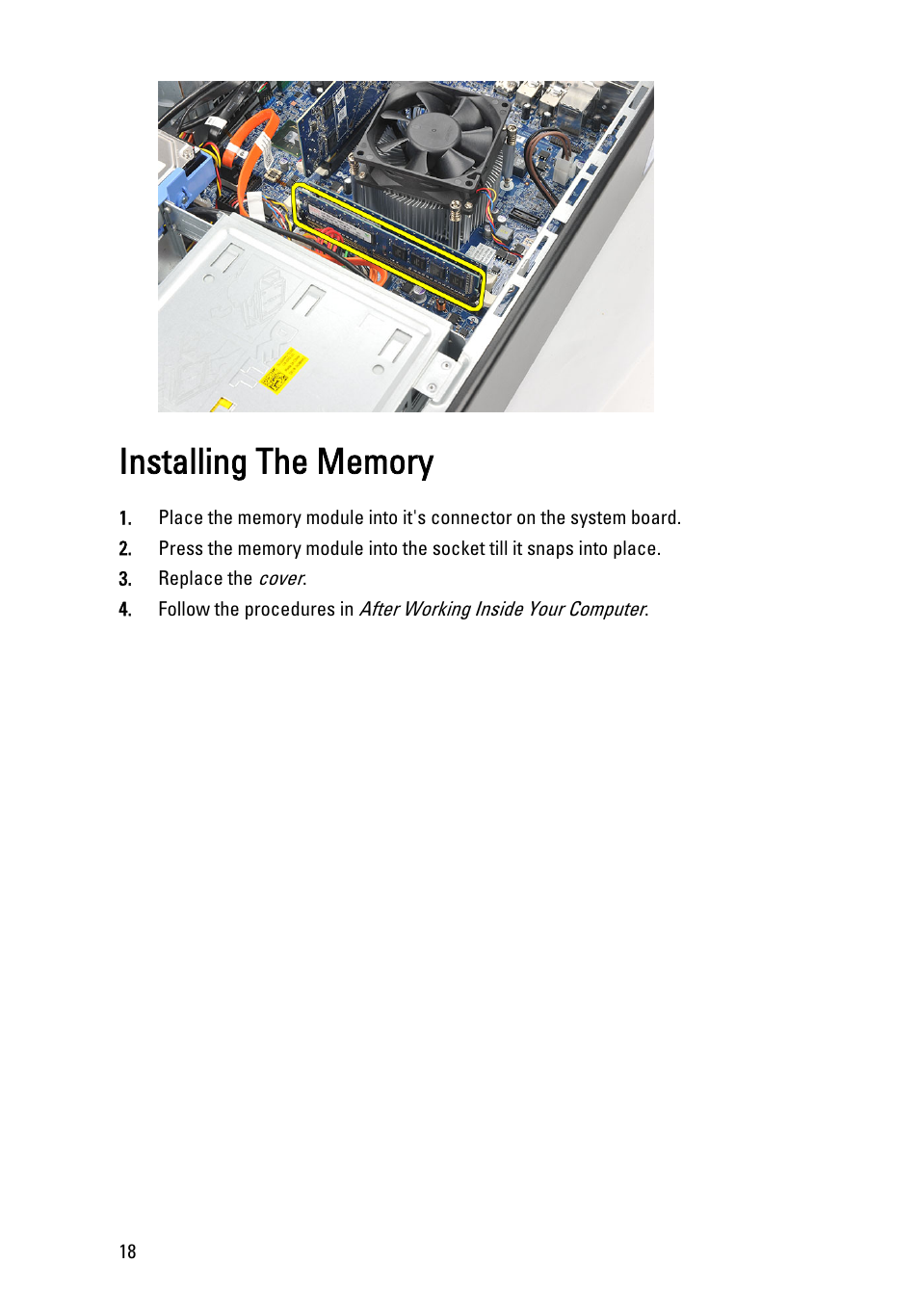 Installing the memory | Dell Vostro 260s (Mid 2011) User Manual | Page 18 / 71