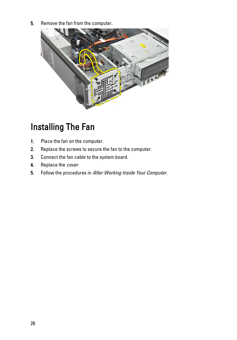 Installing the fan | Dell Vostro 260s (Mid 2011) User Manual | Page 26 / 71