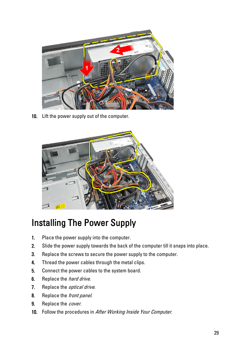 Installing the power supply | Dell Vostro 260s (Mid 2011) User Manual | Page 29 / 71