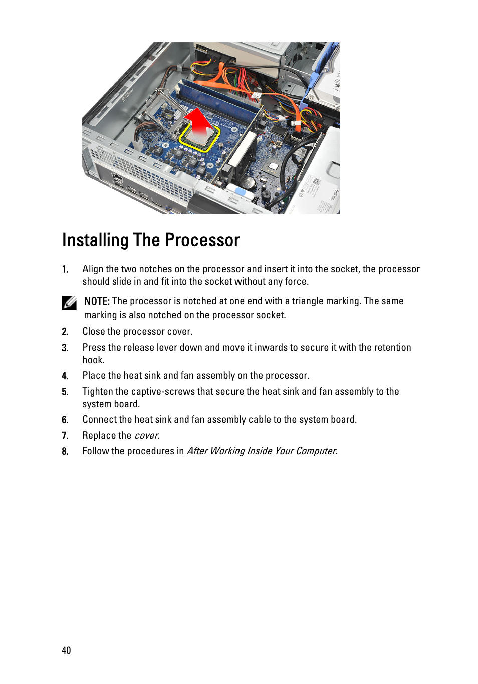 Installing the processor | Dell Vostro 260s (Mid 2011) User Manual | Page 40 / 71