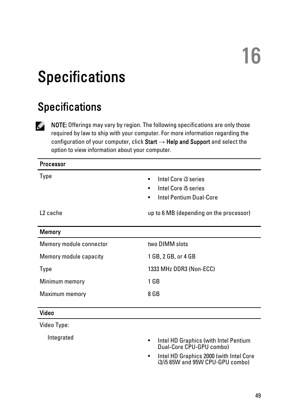 Specifications, 16 specifications | Dell Vostro 260s (Mid 2011) User Manual | Page 49 / 71