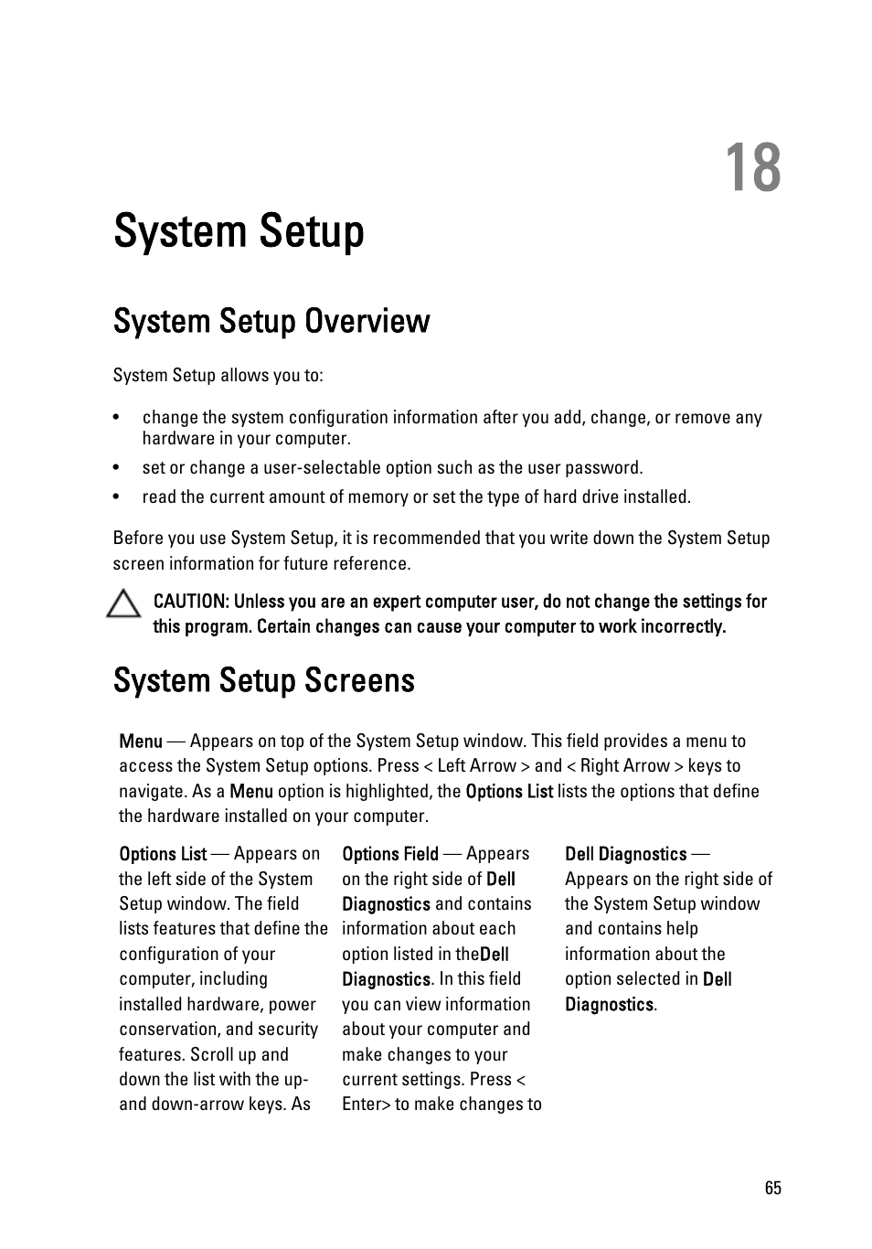 System setup, System setup overview, System setup screens | 18 system setup | Dell Vostro 260s (Mid 2011) User Manual | Page 65 / 71