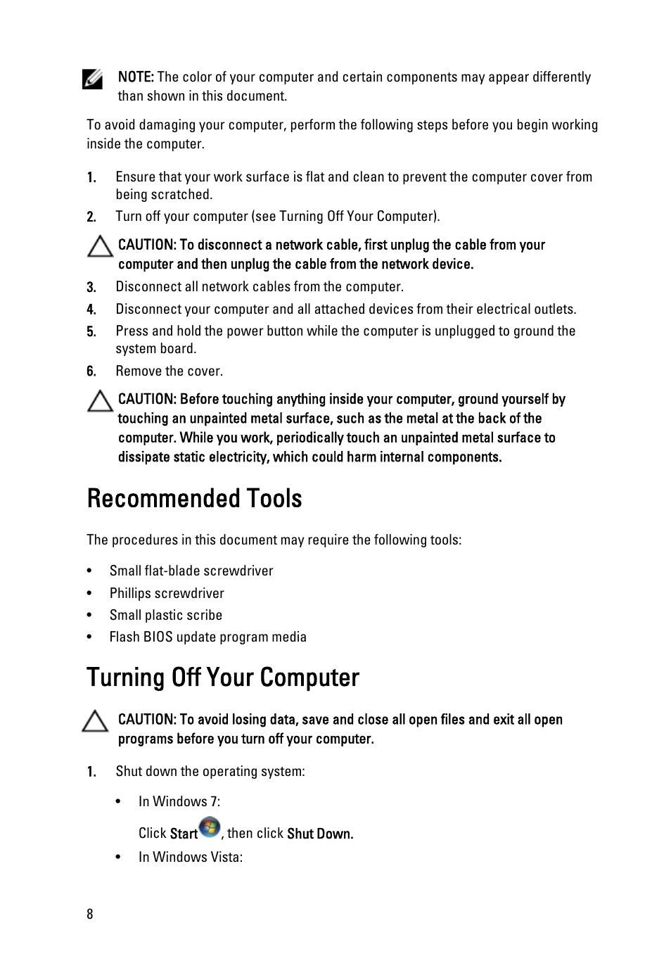 Recommended tools, Turning off your computer | Dell Vostro 260s (Mid 2011) User Manual | Page 8 / 71