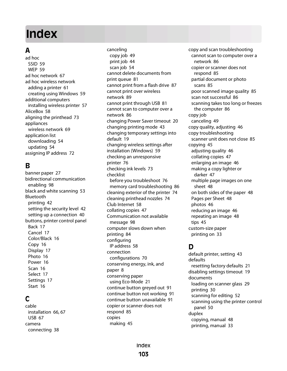 Index | Dell V313w All In One Wireless Inkjet Printer User Manual | Page 103 / 107