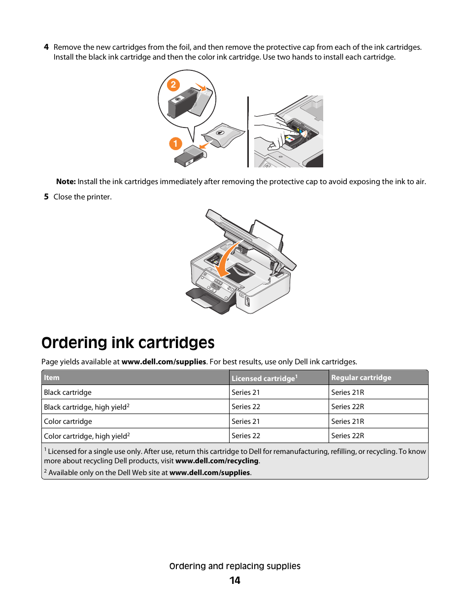 Ordering ink cartridges | Dell V313w All In One Wireless Inkjet Printer User Manual | Page 14 / 107