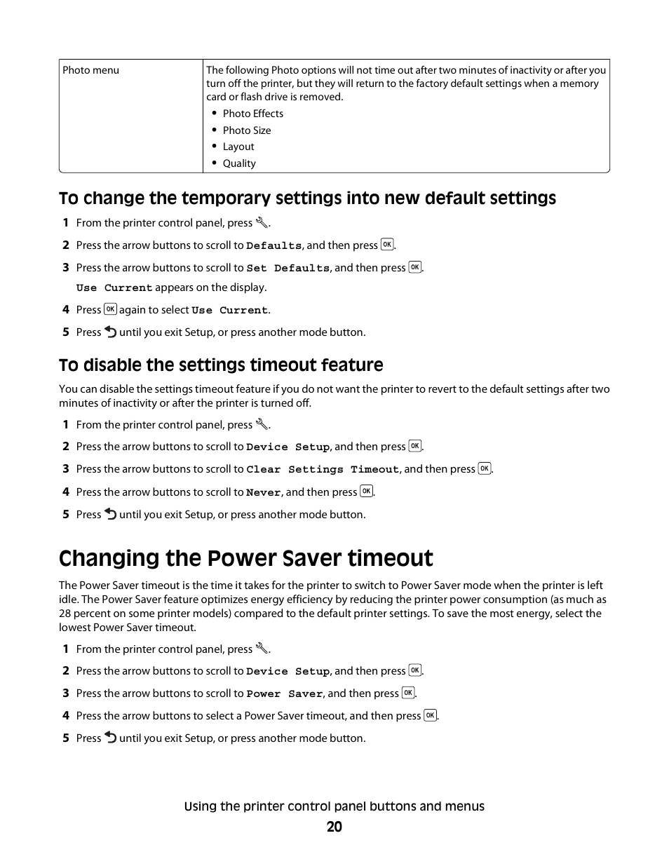 Changing the power saver timeout | Dell V313w All In One Wireless Inkjet Printer User Manual | Page 20 / 107