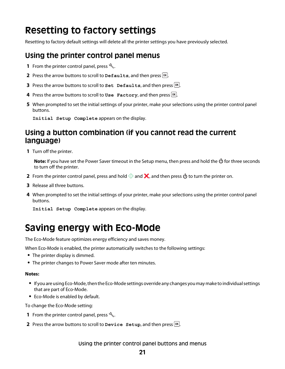 Resetting to factory settings, Saving energy with eco-mode, Using the printer control panel menus | Dell V313w All In One Wireless Inkjet Printer User Manual | Page 21 / 107