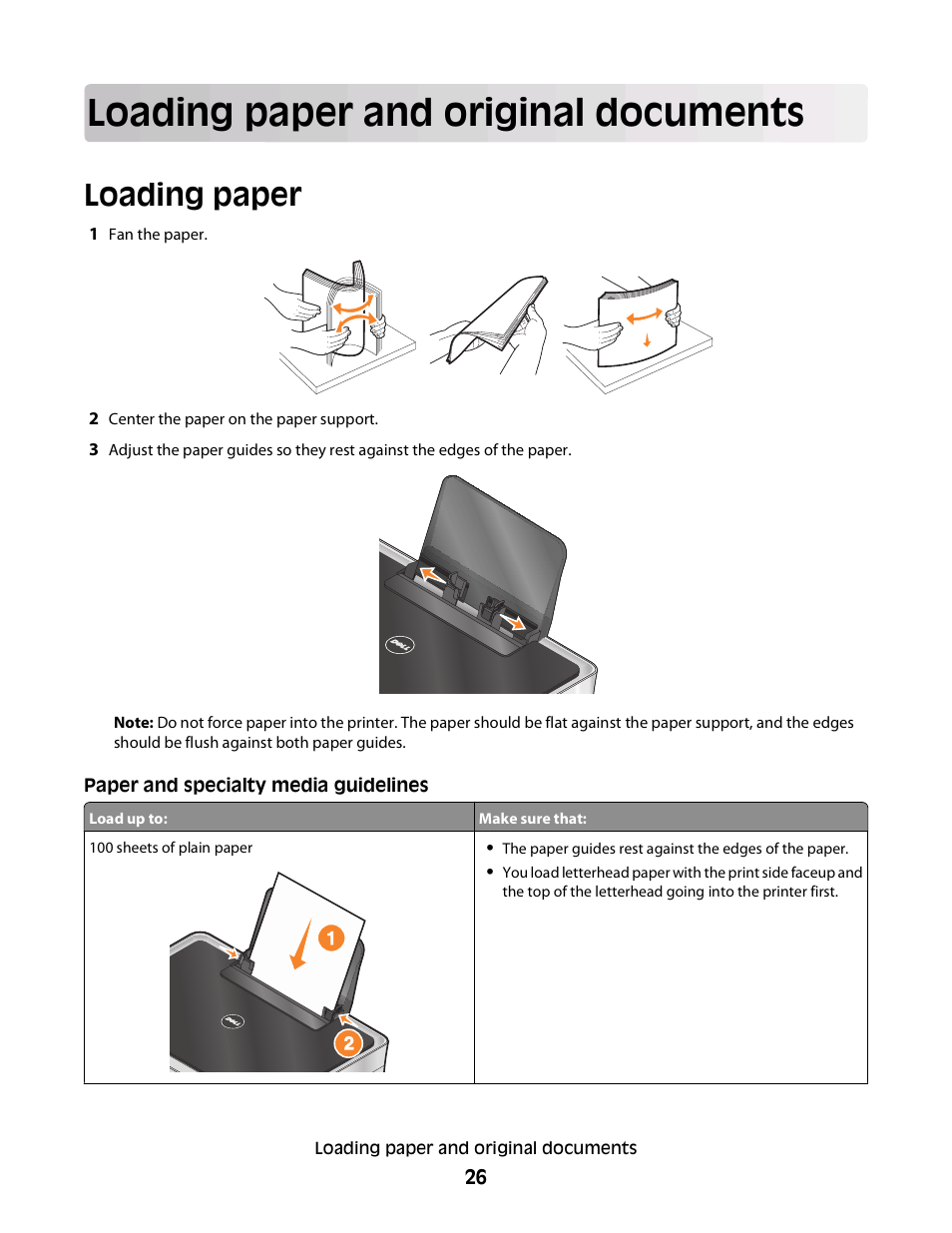 Loading paper and original documents, Loading paper | Dell V313w All In One Wireless Inkjet Printer User Manual | Page 26 / 107