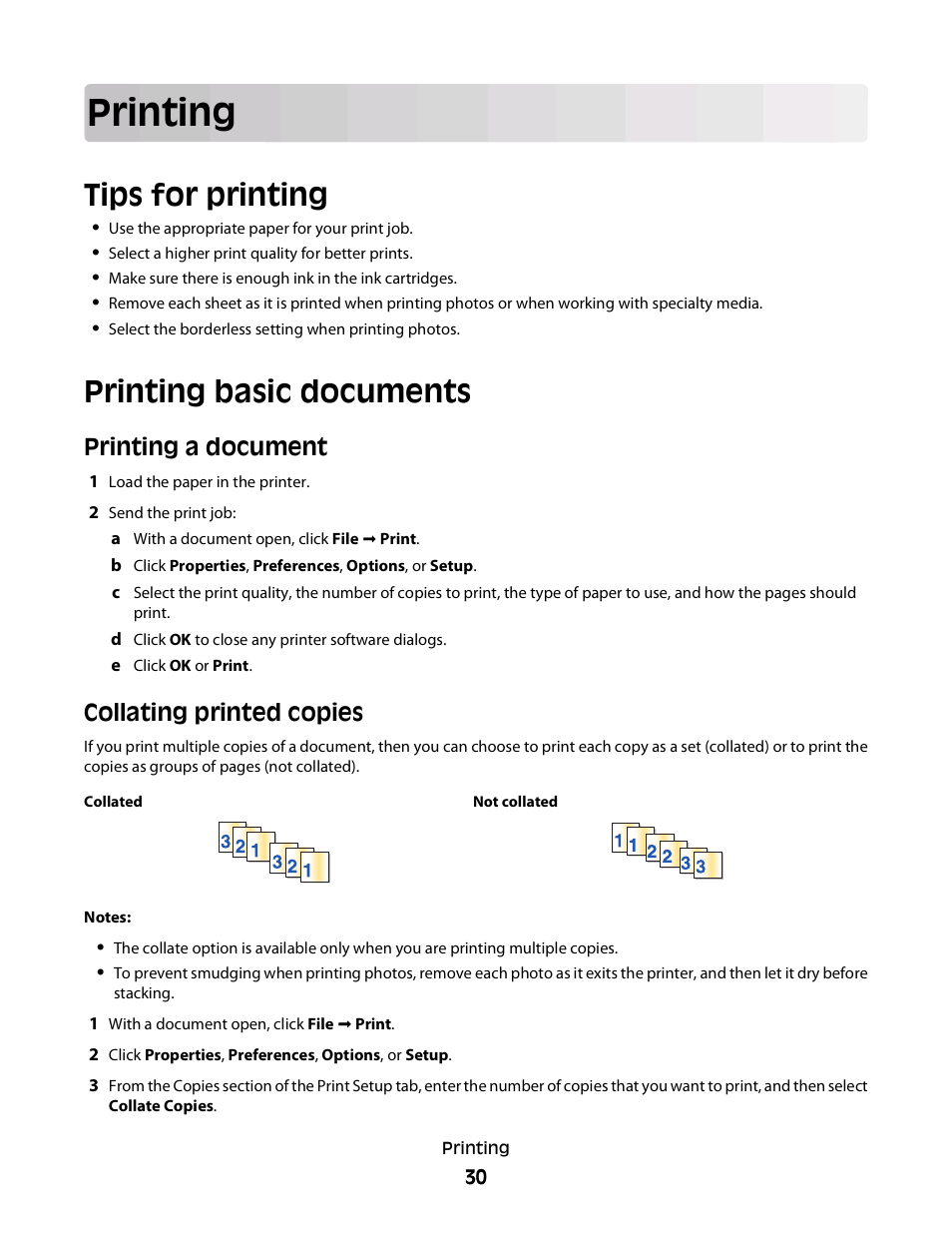 Printing, Tips for printing, Printing basic documents | Printing a document, Collating printed copies | Dell V313w All In One Wireless Inkjet Printer User Manual | Page 30 / 107