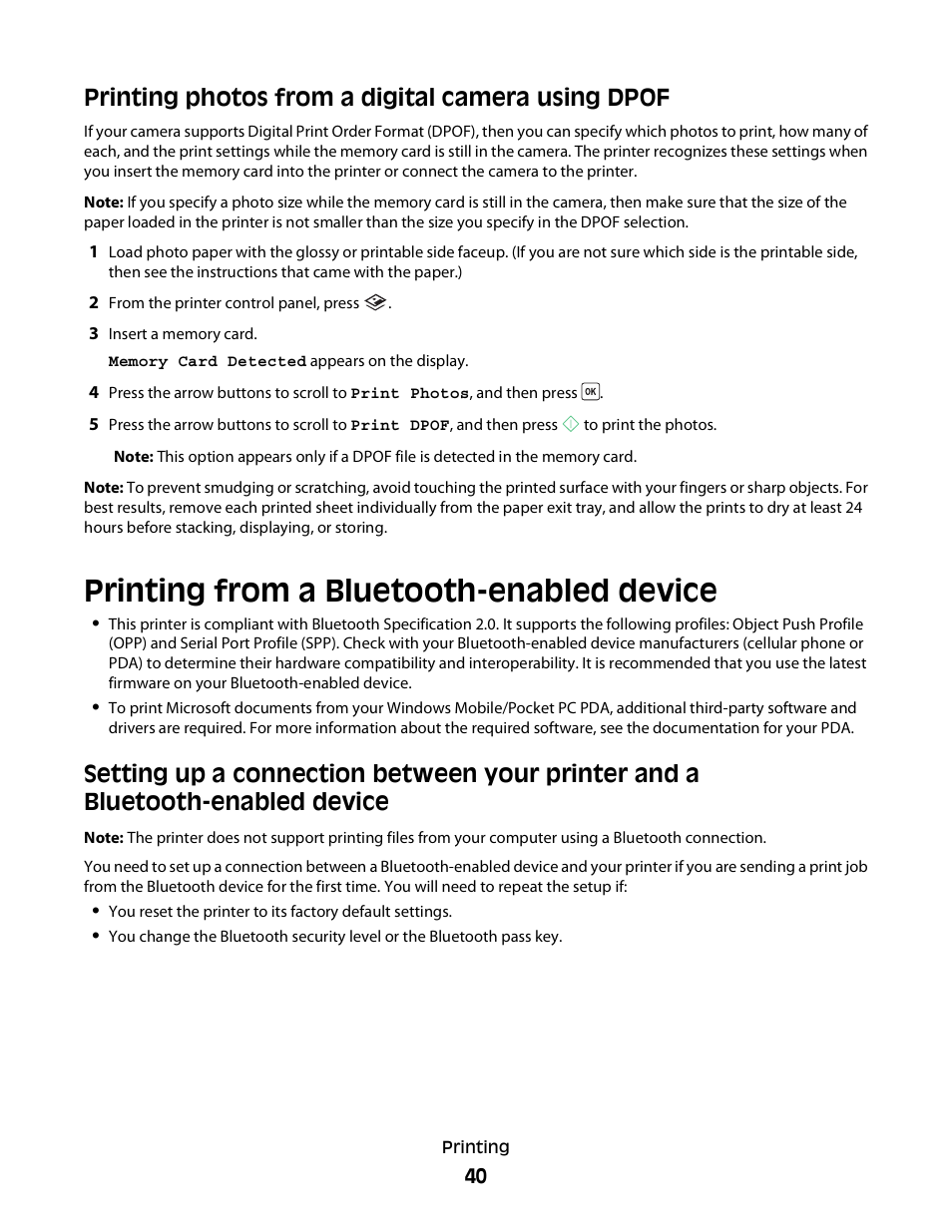 Printing photos from a digital camera using dpof, Printing from a bluetooth-enabled device | Dell V313w All In One Wireless Inkjet Printer User Manual | Page 40 / 107