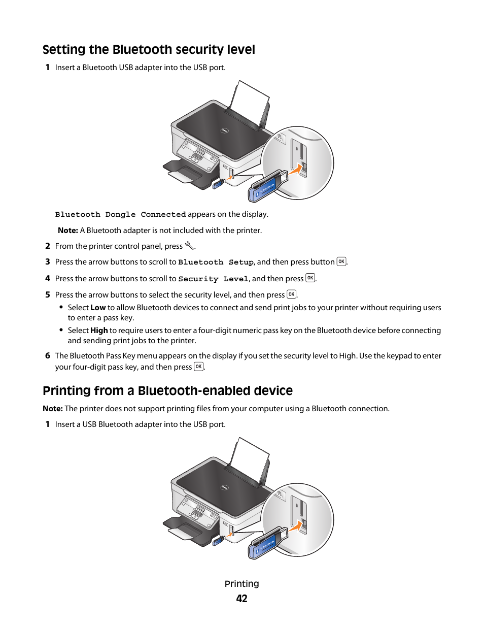 Setting the bluetooth security level, Printing from a bluetooth-enabled device | Dell V313w All In One Wireless Inkjet Printer User Manual | Page 42 / 107