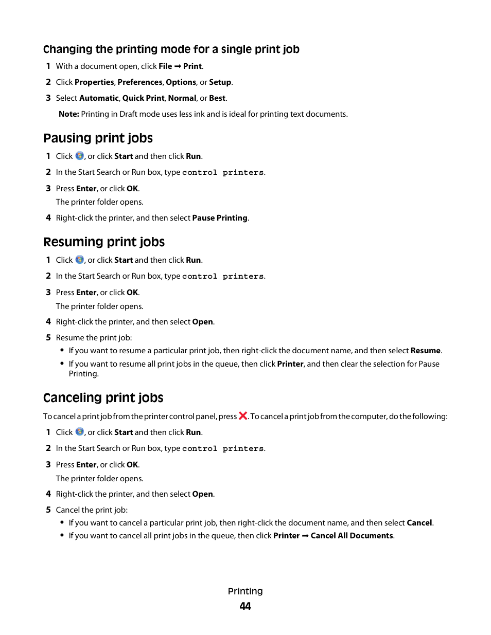 Pausing print jobs, Resuming print jobs, Canceling print jobs | Dell V313w All In One Wireless Inkjet Printer User Manual | Page 44 / 107