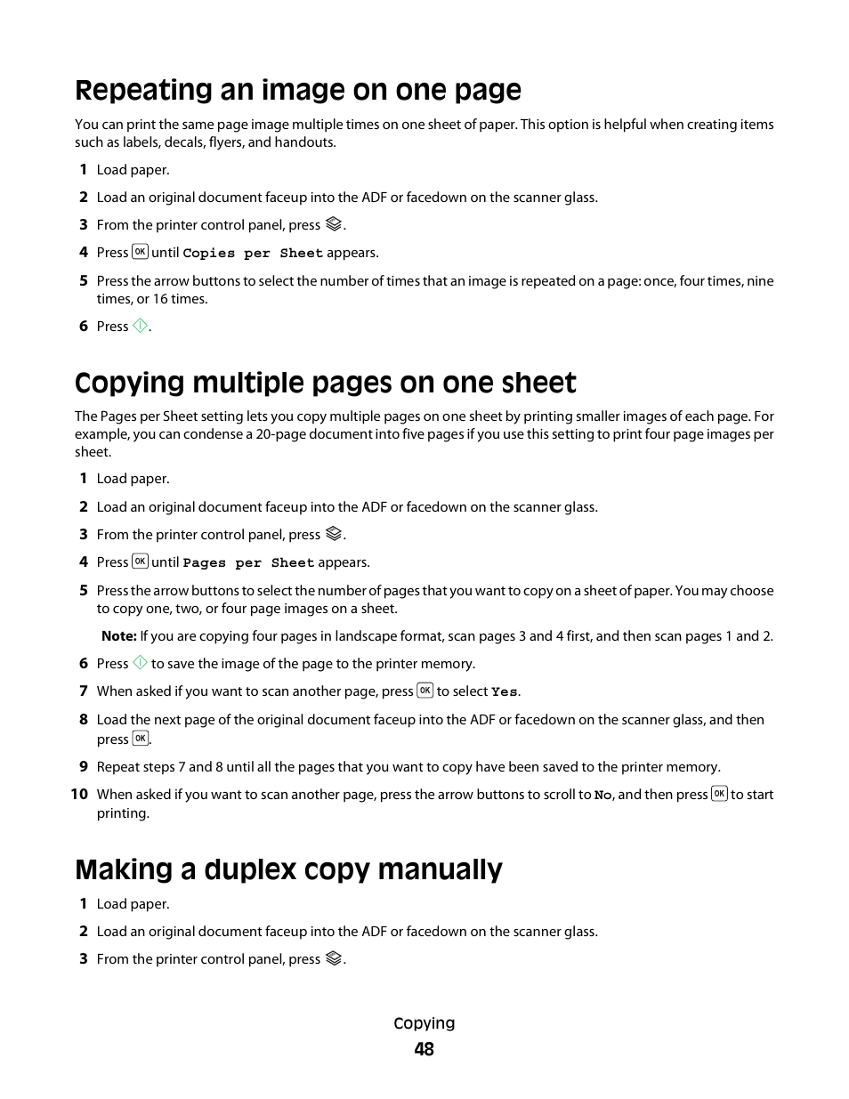 Making a duplex copy manually, Repeating an image on one page, Copying multiple pages on one sheet | Dell V313w All In One Wireless Inkjet Printer User Manual | Page 48 / 107