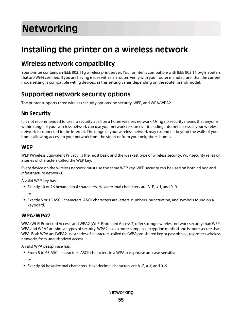 Networking, Installing the printer on a wireless network, Wireless network compatibility | Supported network security options | Dell V313w All In One Wireless Inkjet Printer User Manual | Page 55 / 107