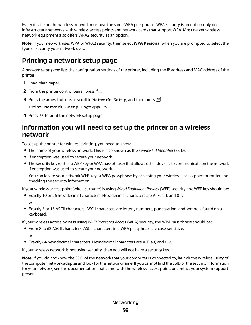 Printing a network setup page | Dell V313w All In One Wireless Inkjet Printer User Manual | Page 56 / 107