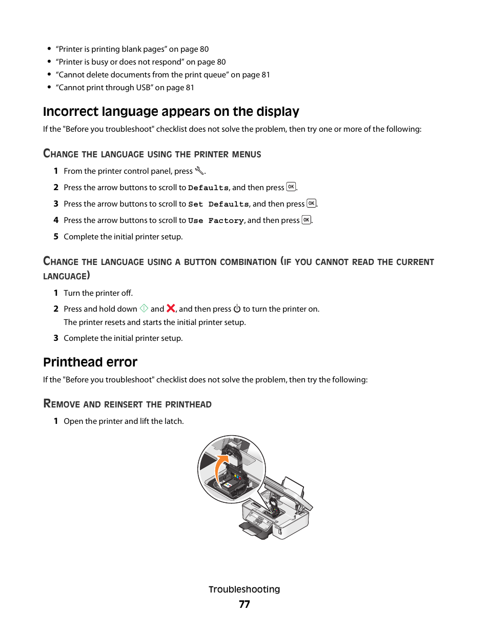 Incorrect language appears on the display, Printhead error | Dell V313w All In One Wireless Inkjet Printer User Manual | Page 77 / 107