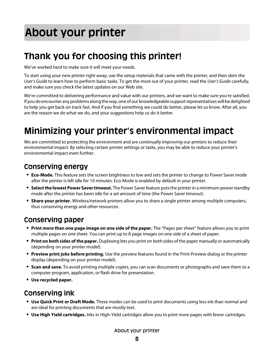 About your printer, Thank you for choosing this printer, Minimizing your printer's environmental impact | Conserving energy, Conserving paper, Conserving ink | Dell V313w All In One Wireless Inkjet Printer User Manual | Page 8 / 107