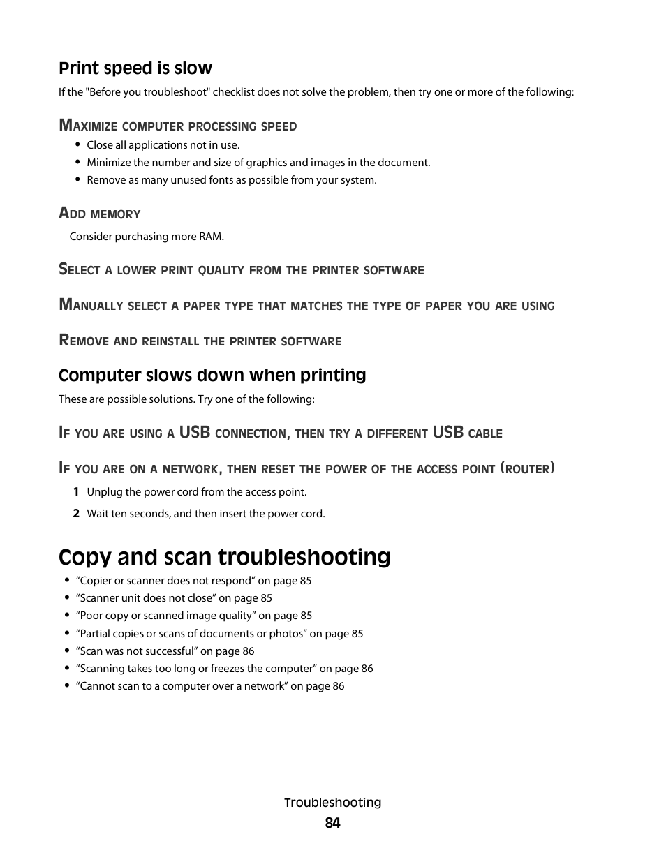 Print speed is slow, Computer slows down when printing, Copy and scan troubleshooting | Dell V313w All In One Wireless Inkjet Printer User Manual | Page 84 / 107