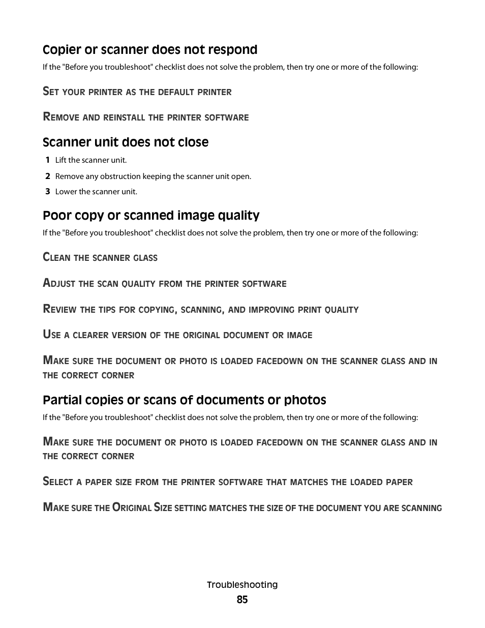 Copier or scanner does not respond, Scanner unit does not close, Poor copy or scanned image quality | Partial copies or scans of documents or photos | Dell V313w All In One Wireless Inkjet Printer User Manual | Page 85 / 107