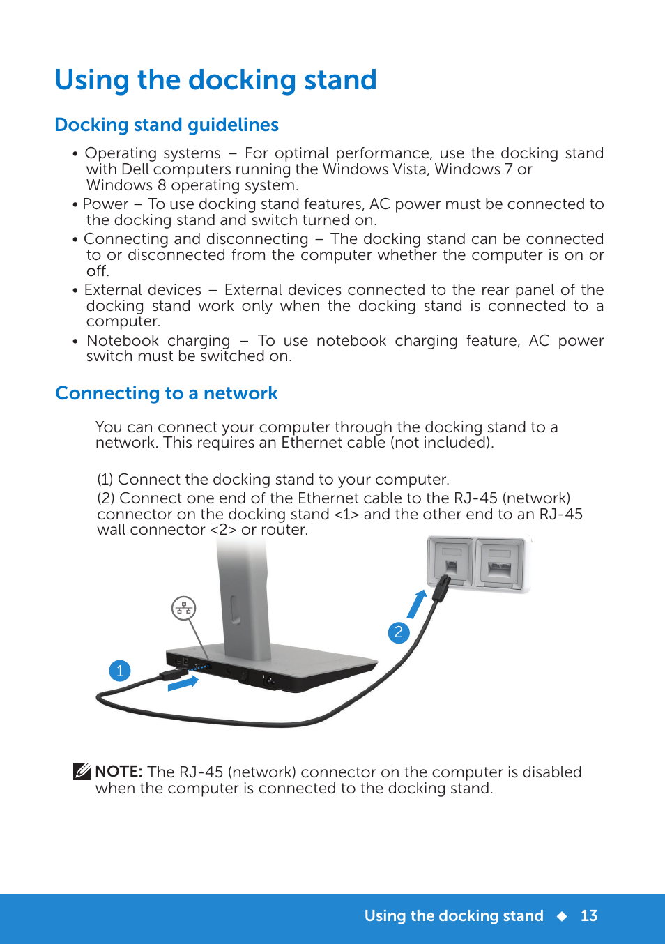 Using the docking stand, Docking stand guidelines, Connecting to a network | Dell Monitor Stand MKS14 User Manual | Page 16 / 22