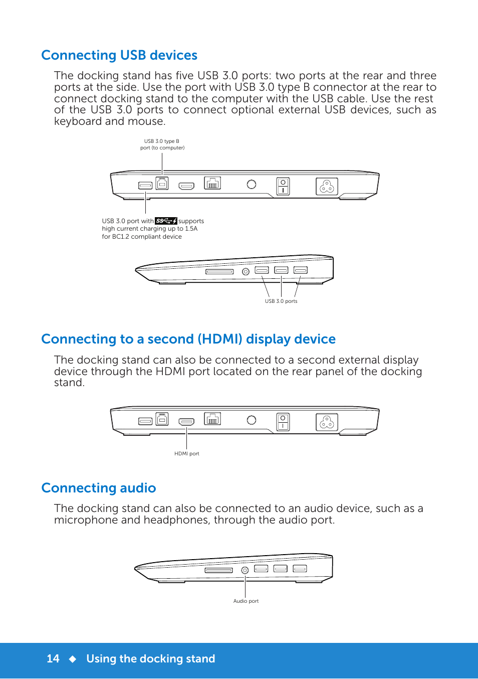 Connecting usb devices, Connecting to a second (hdmi) display device, Connecting audio | Dell Monitor Stand MKS14 User Manual | Page 17 / 22
