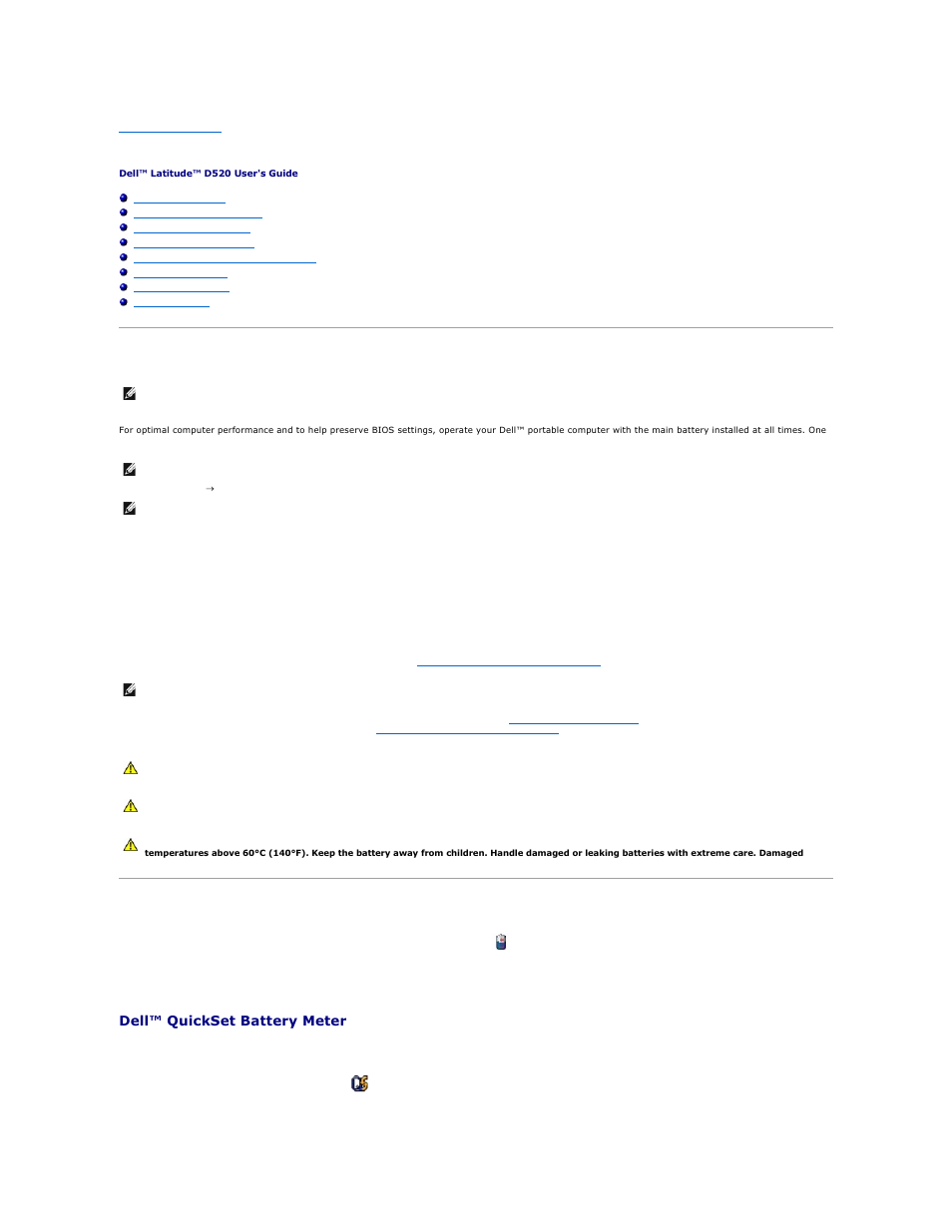 Using a battery, Battery performance, Checking the battery charge | Dell™ quickset battery meter | Dell Latitude D520 User Manual | Page 11 / 99