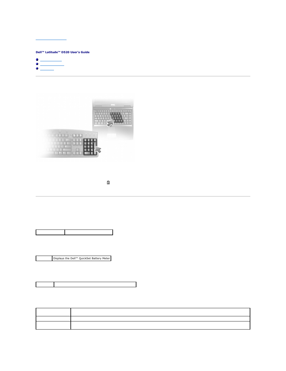 Using the keyboard and touch pad, Numeric keypad, Key combinations | System functions, Battery, Cd or dvd tray, Display functions | Dell Latitude D520 User Manual | Page 42 / 99