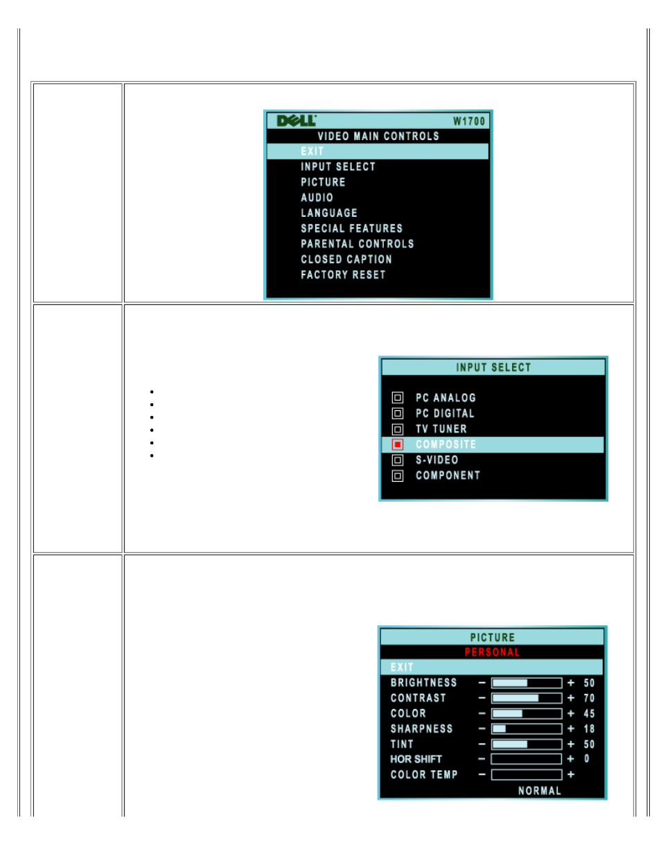 Composite / component / s-video mode | Dell LCD TV W1700 User Manual | Page 65 / 75