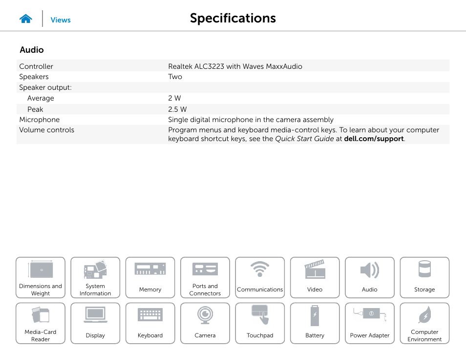 Audio, Specifications | Dell Inspiron 15 (3531, Mid 2014) User Manual | Page 13 / 22