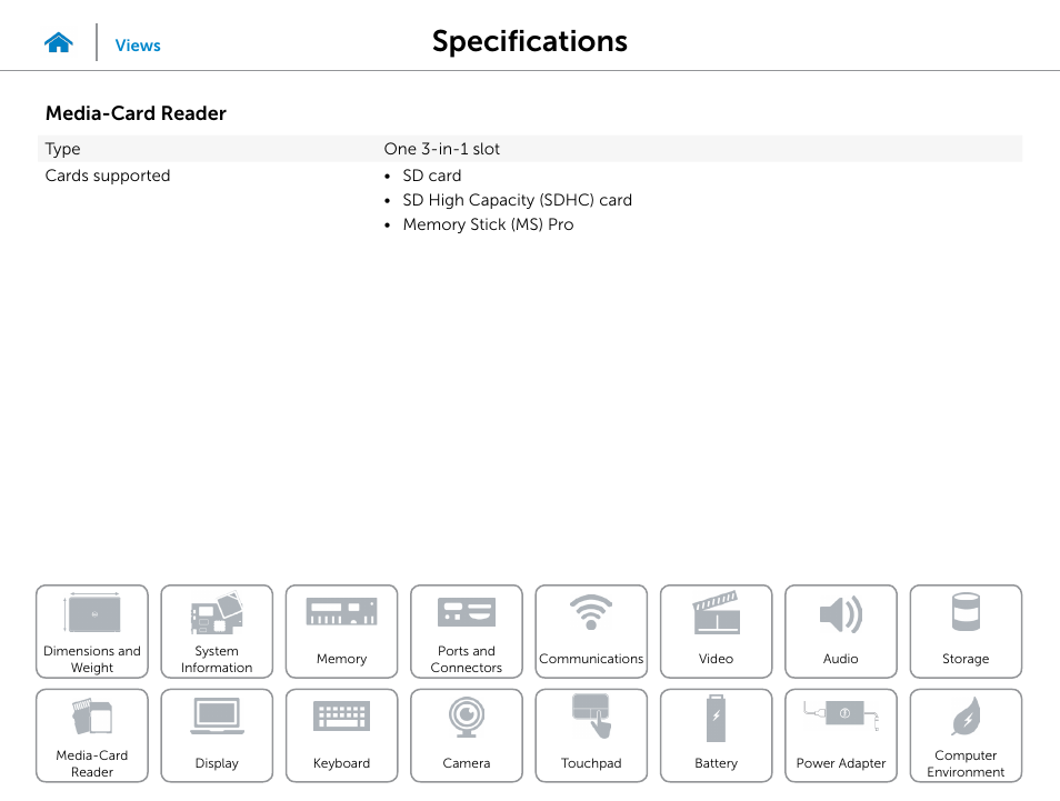 Media‑card, Reader, Specifications | Media‑card reader | Dell Inspiron 15 (3531, Mid 2014) User Manual | Page 15 / 22
