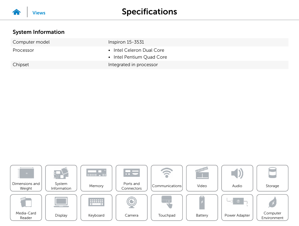 System, Information, Specifications | System information | Dell Inspiron 15 (3531, Mid 2014) User Manual | Page 8 / 22