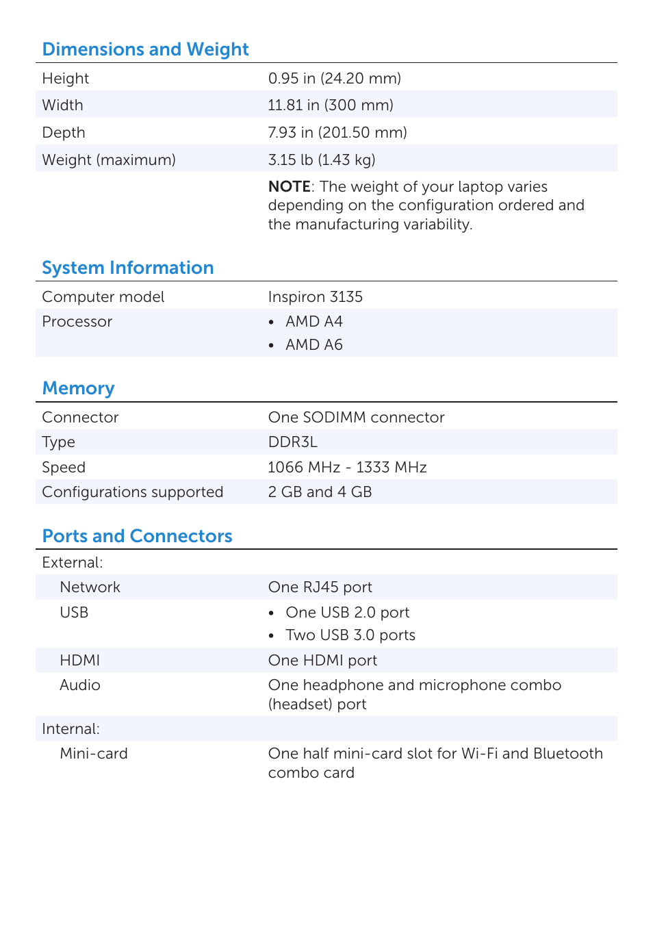 Dimensions and weight, System information, Ports and connectors | Dell Inspiron 11 (3135, Late 2013) User Manual | Page 2 / 6
