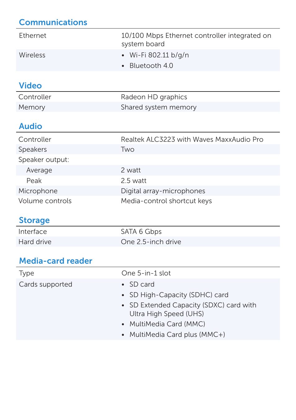 Communications, Video, Audio | Storage, Media-card reader | Dell Inspiron 11 (3135, Late 2013) User Manual | Page 3 / 6