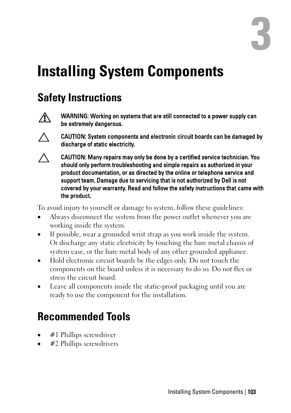 Installing system components, Safety instructions, Recommended tools | Dell PowerEdge C6145 User Manual | Page 103 / 250