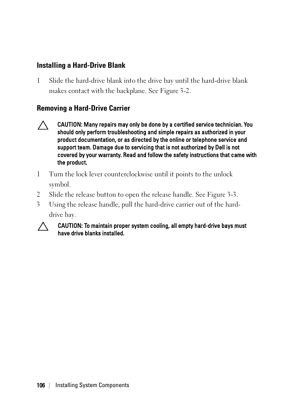 Installing a hard-drive blank, Removing a hard-drive carrier | Dell PowerEdge C6145 User Manual | Page 106 / 250