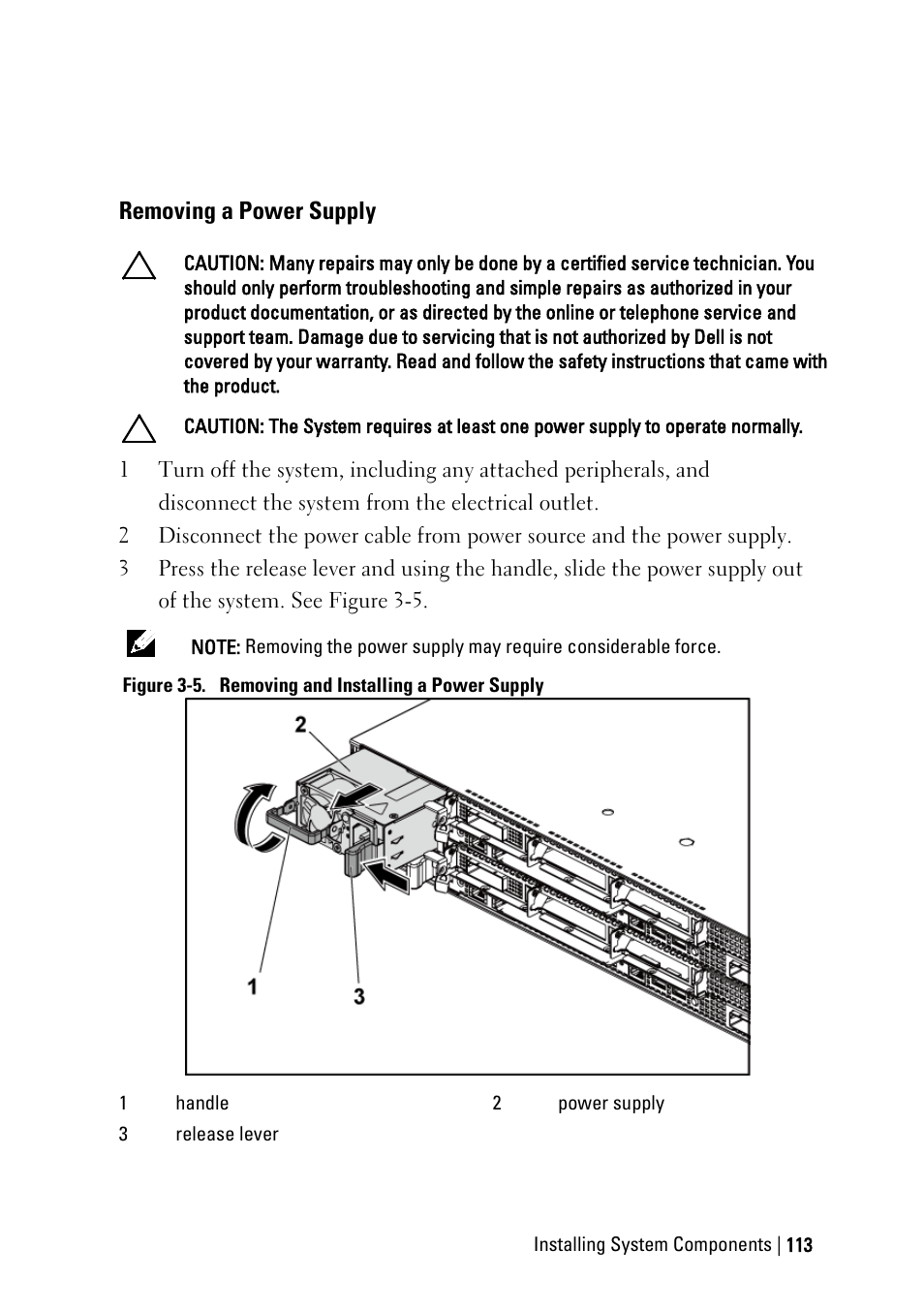 Removing a power supply | Dell PowerEdge C6145 User Manual | Page 113 / 250