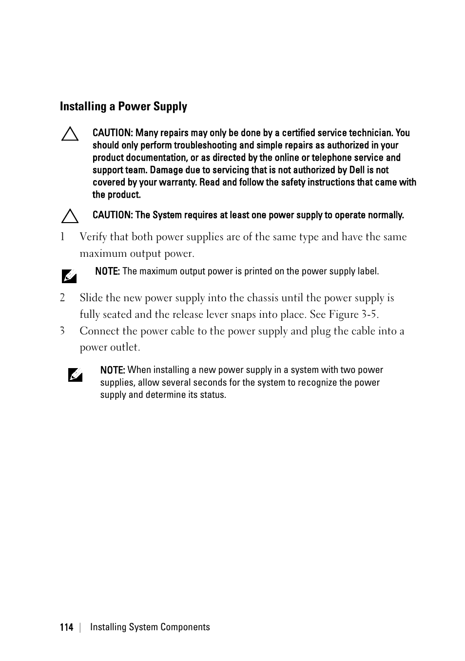Installing a power supply | Dell PowerEdge C6145 User Manual | Page 114 / 250