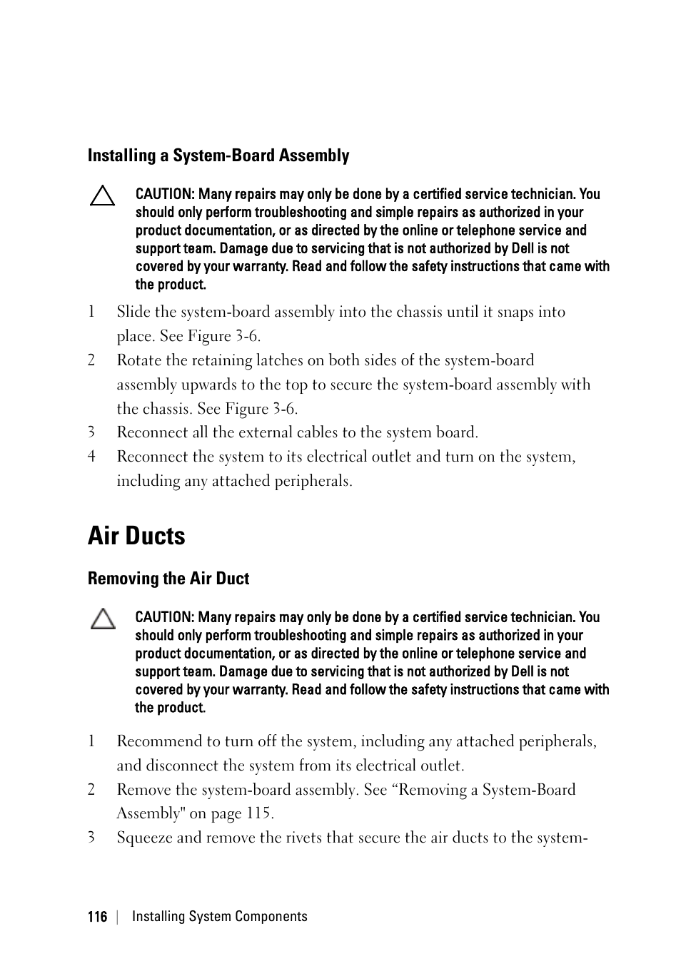 Installing a system-board assembly, Air ducts, Removing the air duct | Dell PowerEdge C6145 User Manual | Page 116 / 250