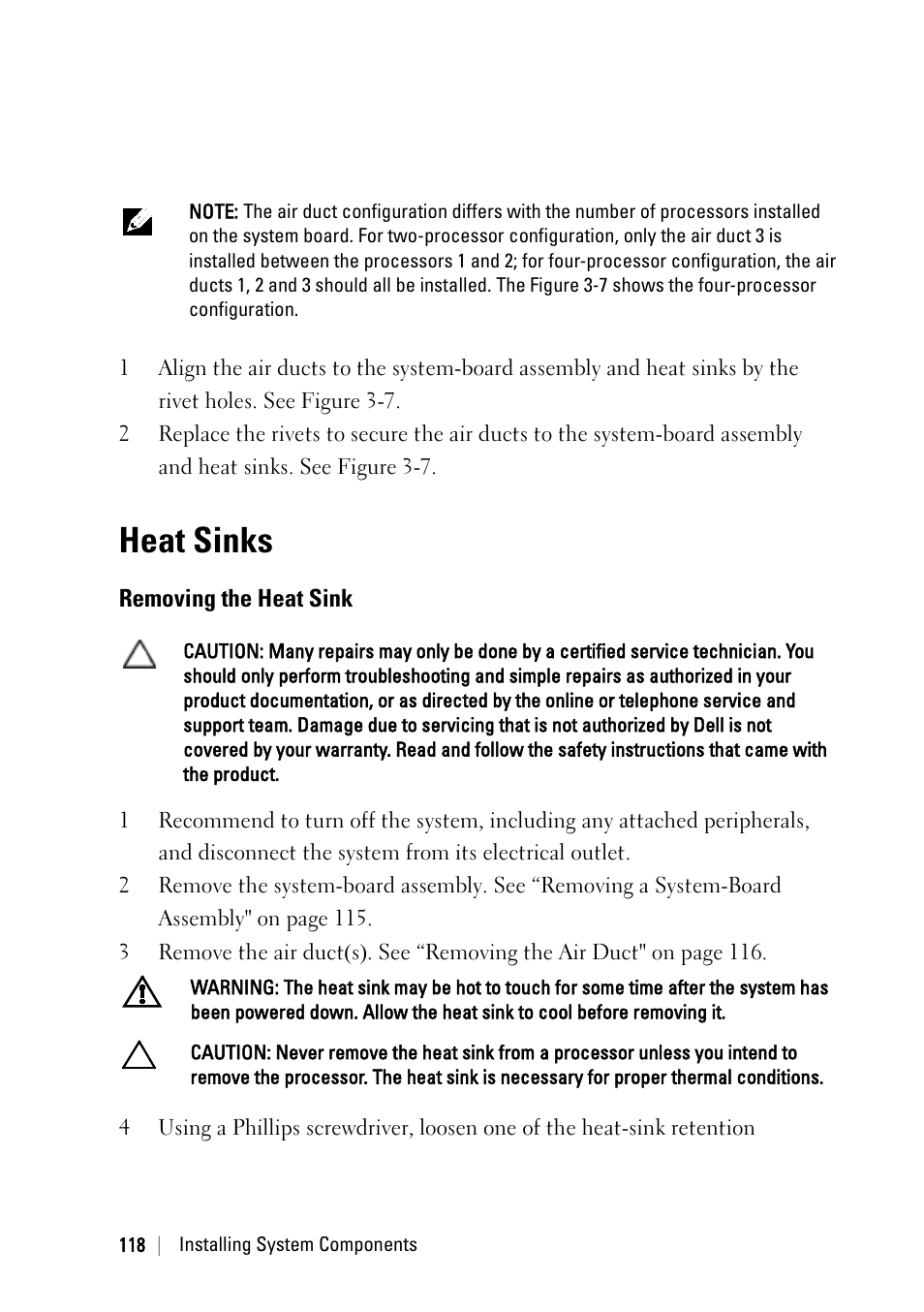 Heat sinks, Removing the heat sink | Dell PowerEdge C6145 User Manual | Page 118 / 250