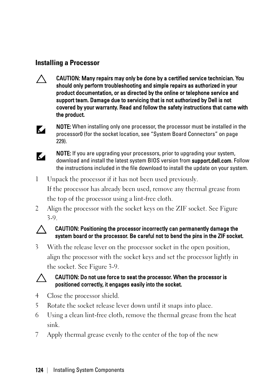 Installing a processor | Dell PowerEdge C6145 User Manual | Page 124 / 250