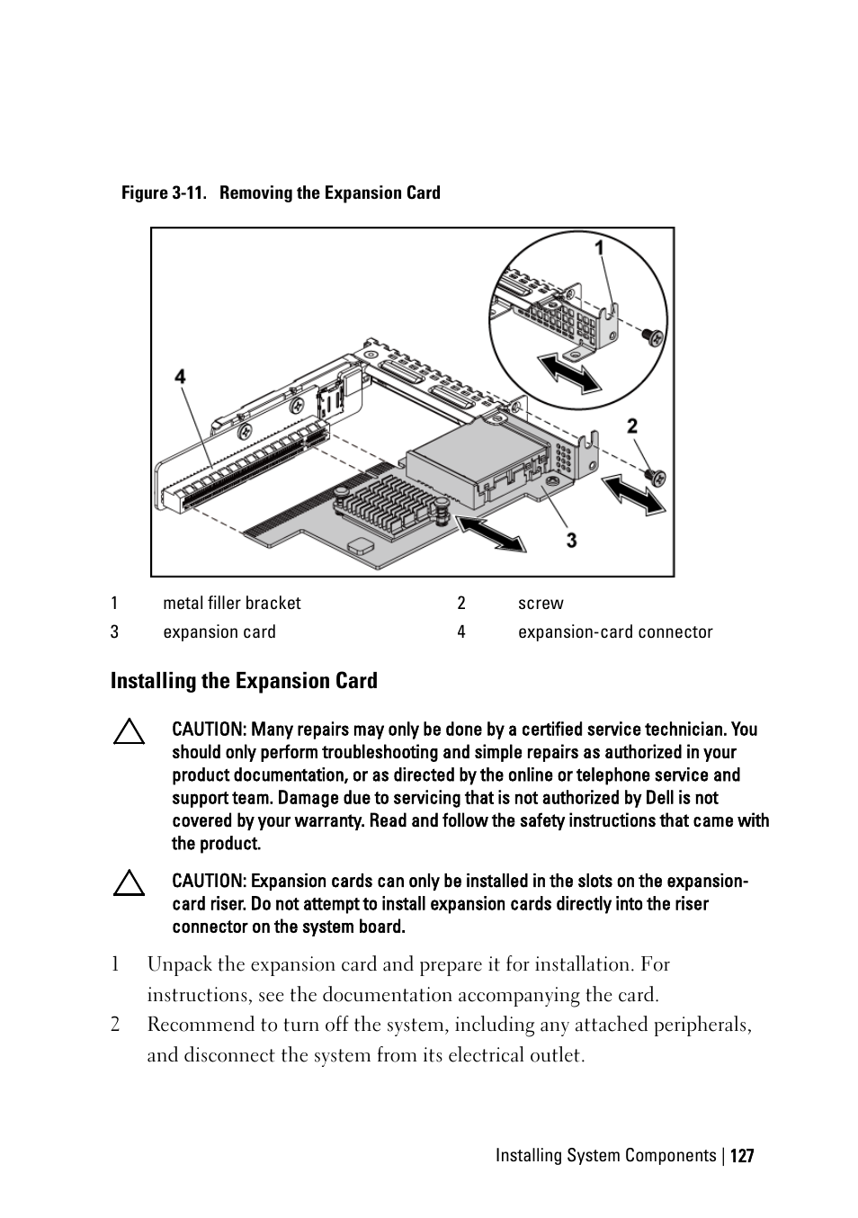 Installing the expansion card | Dell PowerEdge C6145 User Manual | Page 127 / 250