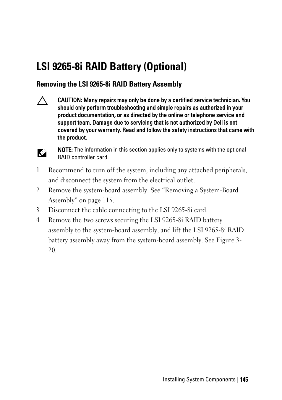 Lsi 9265-8i raid battery (optional), Removing the lsi 9265-8i raid battery assembly, Ee “lsi 9265-8i raid battery (optional) | E 145, Ge 145 | Dell PowerEdge C6145 User Manual | Page 145 / 250