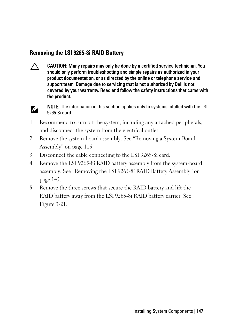 Removing the lsi 9265-8i raid battery | Dell PowerEdge C6145 User Manual | Page 147 / 250