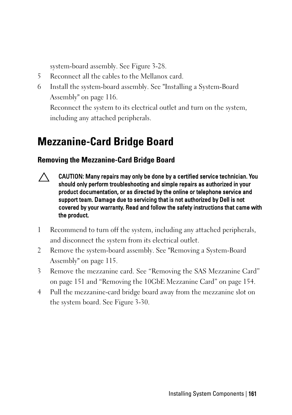 Mezzanine-card bridge board, Removing the mezzanine-card bridge board | Dell PowerEdge C6145 User Manual | Page 161 / 250