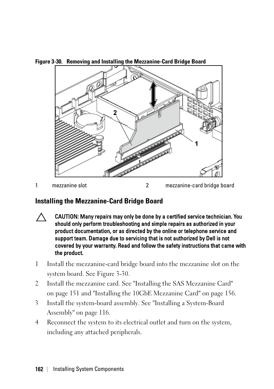 Installing the mezzanine-card bridge board, Ee figure 3-30 | Dell PowerEdge C6145 User Manual | Page 162 / 250