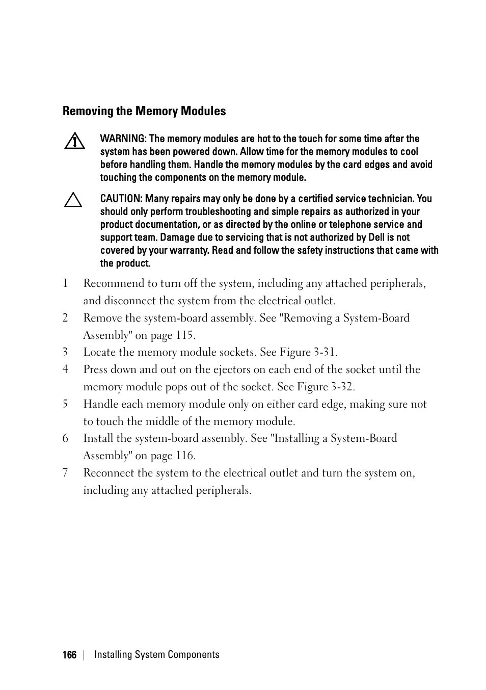 Removing the memory modules | Dell PowerEdge C6145 User Manual | Page 166 / 250
