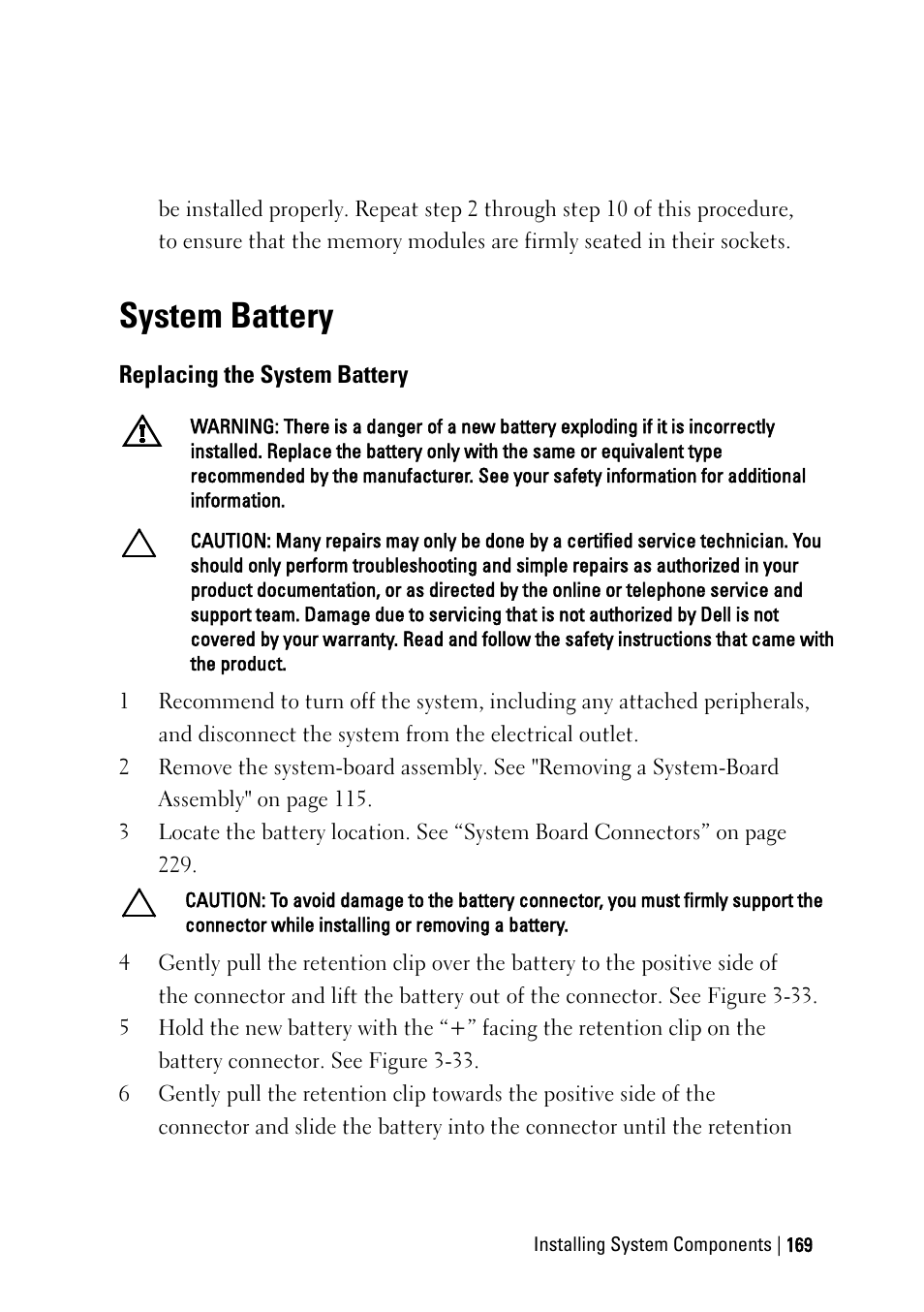 System battery, Replacing the system battery | Dell PowerEdge C6145 User Manual | Page 169 / 250