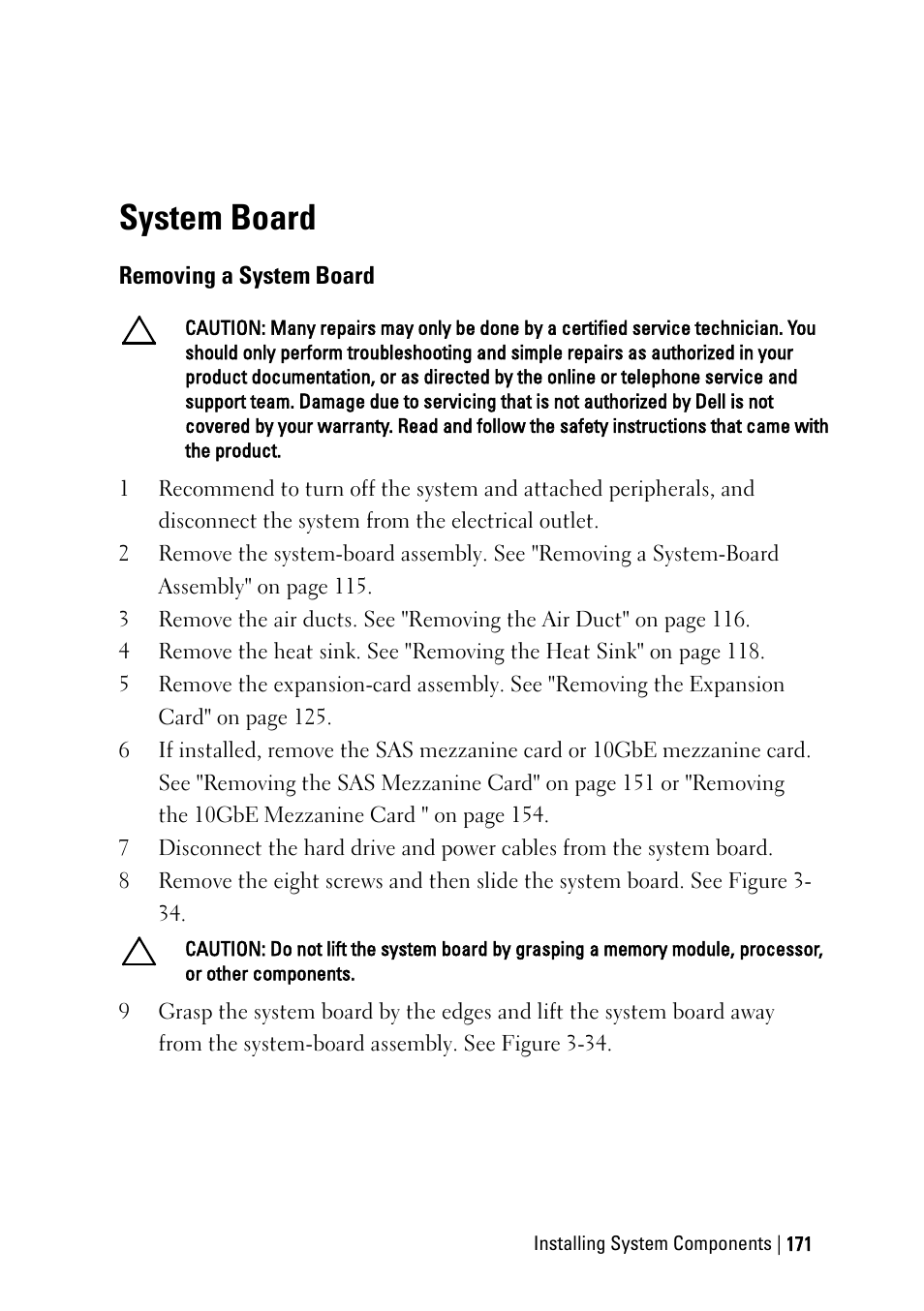 System board, Removing a system board | Dell PowerEdge C6145 User Manual | Page 171 / 250